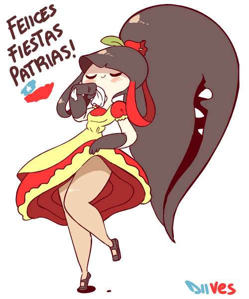 1girl animated animated_gif artist_name black_gloves black_hair black_shoes blush breasts chile chilean_clothes chilean_flag closed_eyes clothes_lift copihue cueca dancing diives dress dress_lift female_focus flower full_body gen_3_pokemon gloves hair_flower hair_ornament hands_up humanization legs lifting_own_clothes mawile multicolored_hair nintendo no_humans open_mouth pokemon pokemon_(creature) pokemon_rse puffy_sleeves red_dress red_flower red_hair sharp_teeth shoes short_sleeves signature simple_background small_breasts smile solo standing teeth text_focus translated two-tone_hair white_background