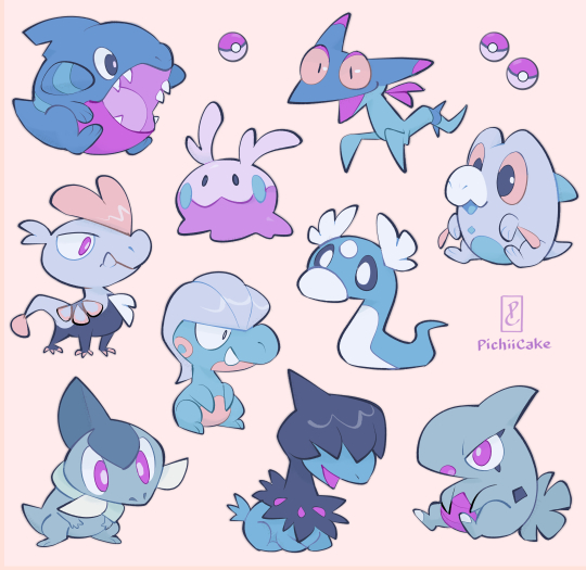 axew bagon black_eyes colored_sclera commentary deino_(pokemon) dratini dreepy english_commentary fang frigibax full_body gen_1_pokemon gen_2_pokemon gen_3_pokemon gen_4_pokemon gen_5_pokemon gen_6_pokemon gen_7_pokemon gen_8_pokemon gible goomy jangmo-o larvitar nintendo no_humans open_mouth pichiicake pink_eyes poke_ball poke_ball_(basic) pokemon pokemon_(creature) smile yellow_background yellow_sclera