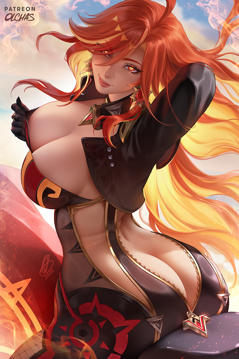 1girl ahoge arm_behind_head ass biker_clothes bikesuit black_bodysuit black_gloves blonde_hair bodysuit breasts butt_crack cleavage closed_mouth colored_inner_hair commentary dated english_commentary from_behind genshin_impact gloves hair_between_eyes highres large_breasts lips long_hair looking_at_viewer looking_back mavuika_(genshin_impact) multicolored_hair olchas patreon_username red_eyes red_hair signature sitting smile solo symbol_in_eye unzipped very_long_hair