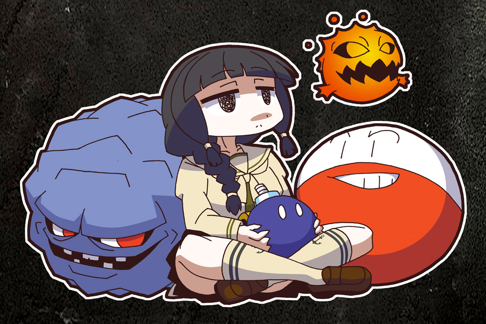 1girl anchor_symbol black_hair blunt_bangs bob-omb bomb bomb_(final_fantasy) braid brown_shoes crossover dragon_quest electrode_(pokemon) explosive final_fantasy hair_over_shoulder hair_ribbon head_fuse kantai_collection kitakami_(kancolle) kitakami_kai_ni_(kancolle) loafers long_sleeves lotus_position mahoroba_shirou mario_(series) miniskirt nintendo pokemon pokemon_(creature) ribbon rockbomb sailor_collar school_uniform serafuku shoes single_braid sitting skirt trait_connection tress_ribbon yellow_sailor_collar yellow_serafuku
