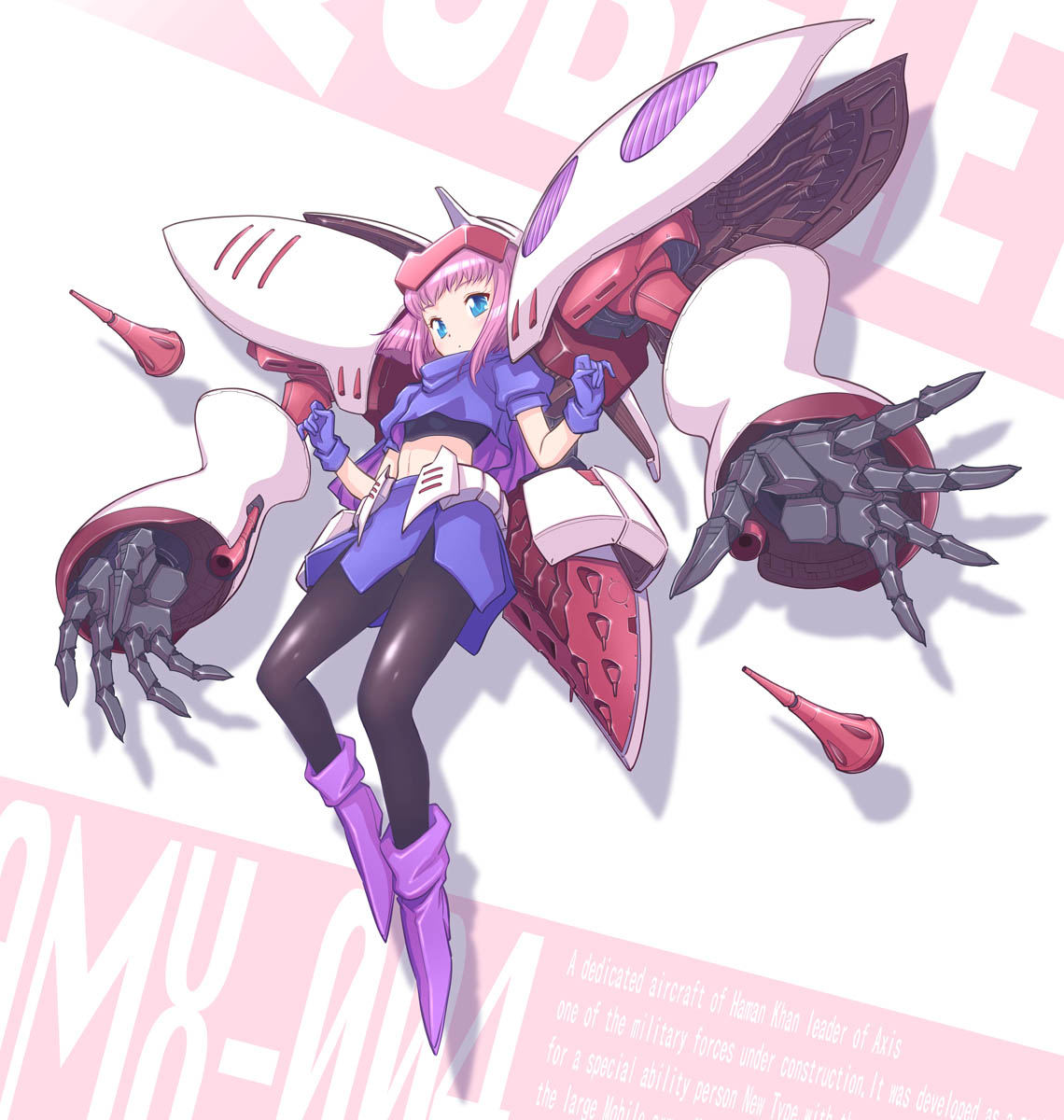 1girl black_pantyhose blue_eyes boots commentary_request crop_top expressionless full_body funnels_(gundam) gloves gundam highres mecha_musume original pantyhose pink_hair qubeley short_hair solo studiozombie zeta_gundam zeta_gundam_define