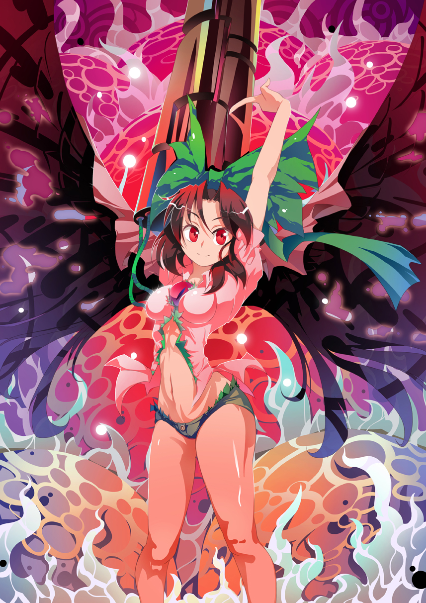 1girl alternate_costume alternate_weapon arm_cannon arms_up bird_wings black_wings bow breasts brown_hair cape denim denim_shorts female_focus hair_bow highres looking_at_viewer midriff navel red_eyes reiuji_utsuho shirt short_shorts short_sleeves shorts smile solo third_eye touhou weapon wings xin_yu_hua_yin zxyon2008