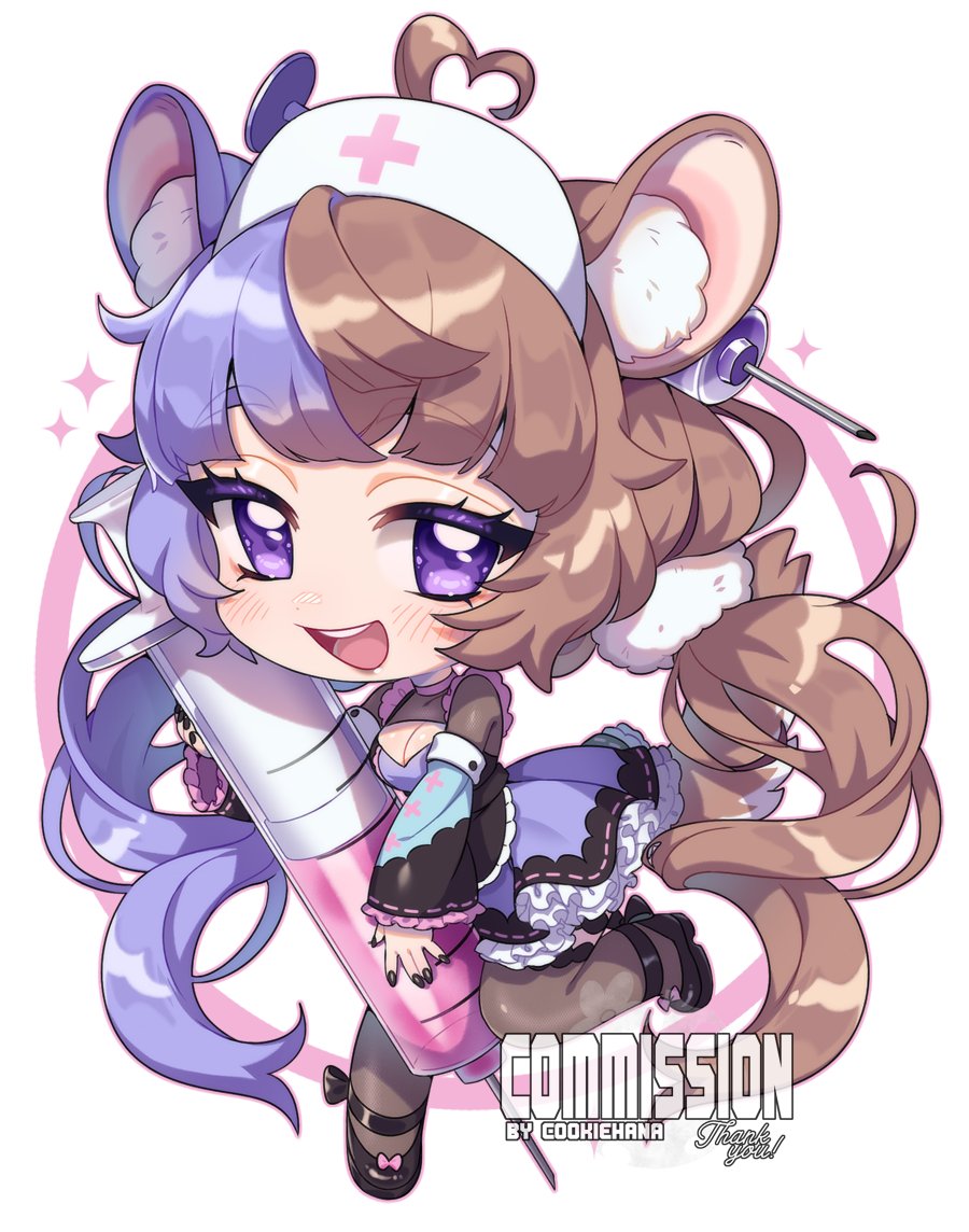 1girl :d absurdly_long_hair ahoge animal_ears ankle_bow ankle_ribbon anklet armlet artist_name black_nails black_pantyhose black_shoes black_sleeves blue_sleeves blunt_bangs borrowed_character bow breasts brown_hair brown_lips brown_tail chibi chibi_only cleavage commission cookie_hana crossed_bangs detached_sleeves dot_nose dress facing_ahead footwear_bow frilled_dress frilled_sleeves frills full_body half-closed_eyes hand_up hat heart heart_ahoge holding holding_syringe jewelry knee_up leg_ribbon light_blush lipstick long_hair looking_at_viewer makeup medium_breasts mouse_ears multicolored_hair nail_polish nurse_cap open_mouth original outline oversized_object pantyhose pink_outline purple_dress purple_eyes purple_hair raised_eyebrows ribbon ribbon-trimmed_dress ribbon-trimmed_sleeves ribbon_trim see-through_clothes see-through_legwear see-through_shrug shoes shrug_(clothing) smile solo split-color_hair standing standing_on_one_leg syringe tail thank_you three_quarter_view twintails two-handed two-tone_sleeves very_long_hair watermark wide_sleeves