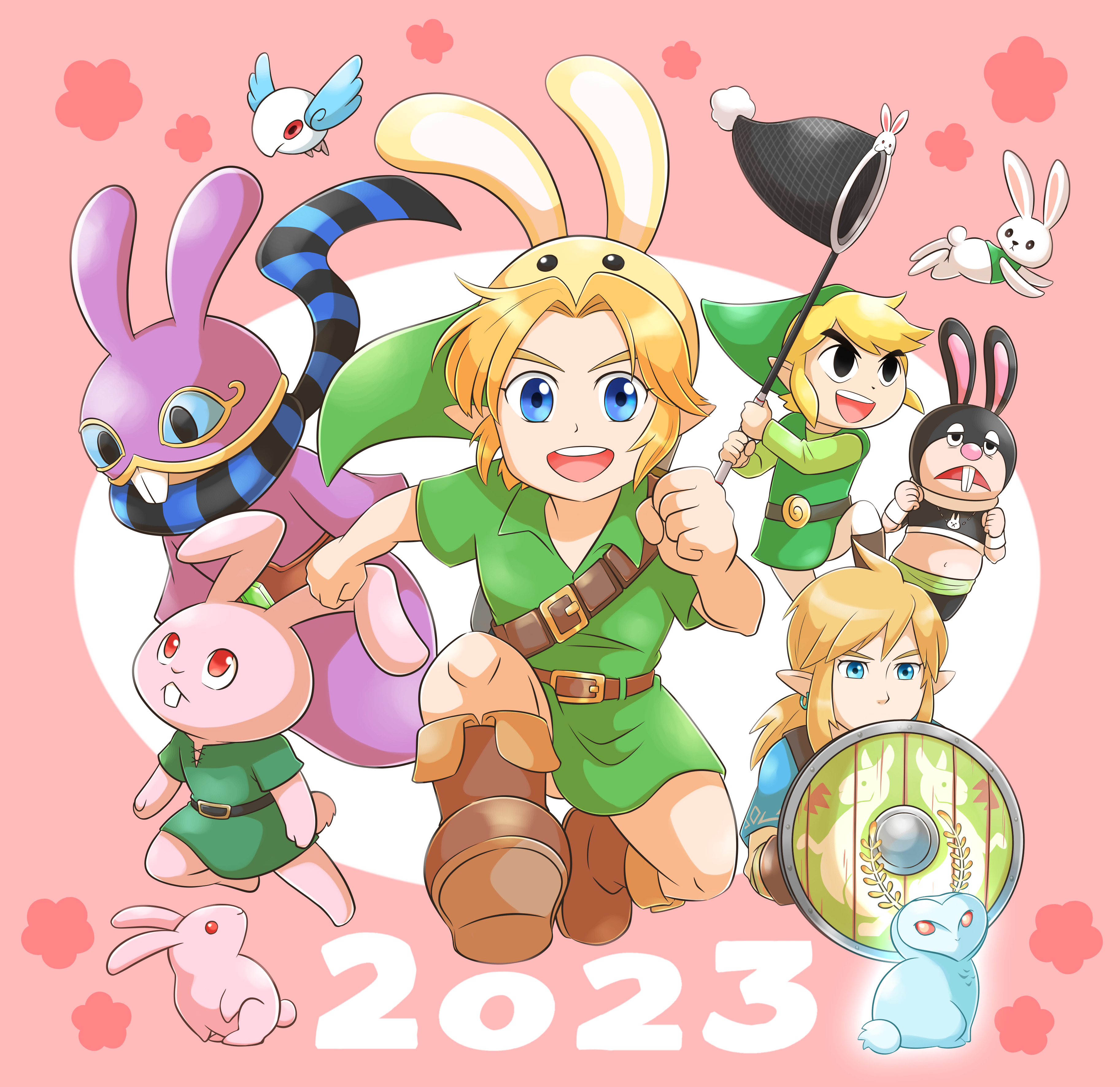 2023 4boys :d absurdres animal_ears aogaeru_(pixiv46613656) belt belt_buckle bird black_eyes blonde_hair blue_eyes blue_tunic blupee boots brown_belt brown_footwear buck_teeth buckle bunny_hood_(zelda) butterfly_net chinese_zodiac clenched_hands closed_mouth commentary_request earrings fake_animal_ears flower_symbol frown green_headwear green_shirt green_tunic hand_net hat highres holding holding_butterfly_net holding_shield jewelry link link_(bunny) long_hair long_sleeves looking_at_viewer low_ponytail multiple_boys nintendo open_mouth parted_bangs pink_background pointy_ears ponytail rabbit rabbit_ears ravio red_eyes running sheerow shield shirt short_hair short_sleeves sidelocks simple_background smile teeth the_legend_of_zelda the_legend_of_zelda:_a_link_between_worlds the_legend_of_zelda:_a_link_to_the_past the_legend_of_zelda:_breath_of_the_wild the_legend_of_zelda:_ocarina_of_time the_legend_of_zelda:_spirit_tracks the_legend_of_zelda:_the_wind_waker toon_link tunic two-tone_background upper_teeth_only v-shaped_eyebrows white_background wooden_shield year_of_the_rabbit young_link