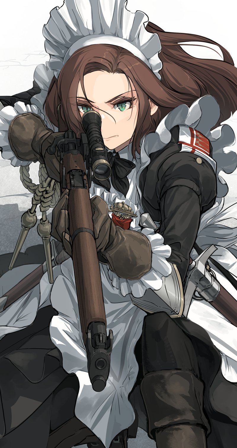 1girl apron asterisk_kome bolt_action brown_hair gina_wallace gloves gun heroes_of_order highres holding holding_gun holding_weapon lee-enfield maid maid_apron maid_headdress medal rifle scope solo weapon