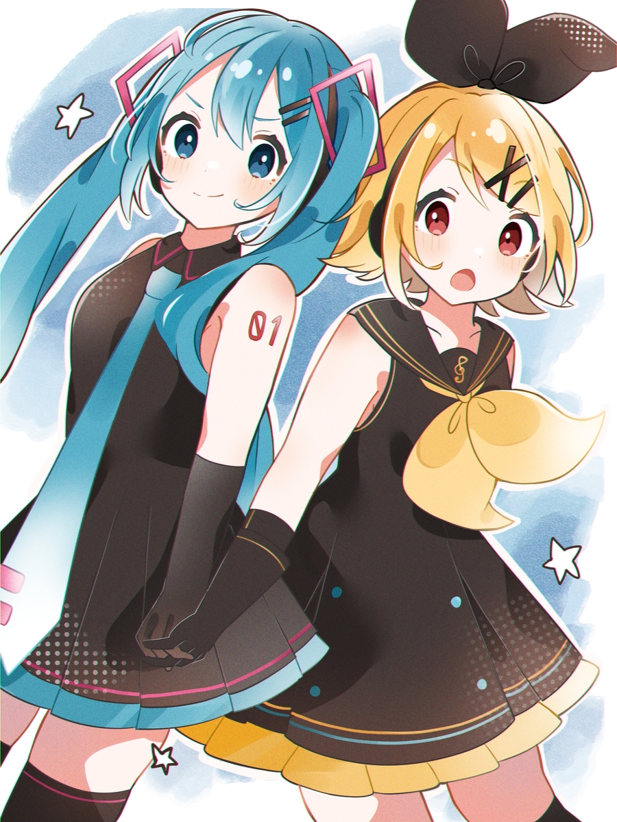 1girl aqua_eyes aqua_hair aqua_necktie armpits black_dress dress elbow_gloves gloves hair_between_eyes hair_ornament hair_tie hairclip hands_up hatsune_miku highres kagamine_rin light_blush long_hair necktie non-web_source open_mouth sleeveless sleeveless_dress solo twintails vocaloid sour_model_(mikumikudance)
