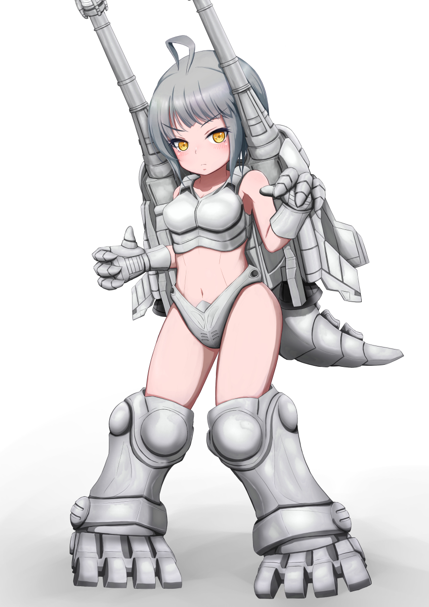 1girl ahoge android armor bikini_armor breasts cosplay full_body garuda_(godzilla) gauntlets godzilla_(series) godzilla_vs._mechagodzilla_ii greaves highres looking_at_viewer mechagodzilla mechagodzilla_(cosplay) mechanical_tail medium_breasts personification shoulder_cannon solo standing super-mechagodzilla super_mechagodzilla tail tochinosuke toho yellow_eyes