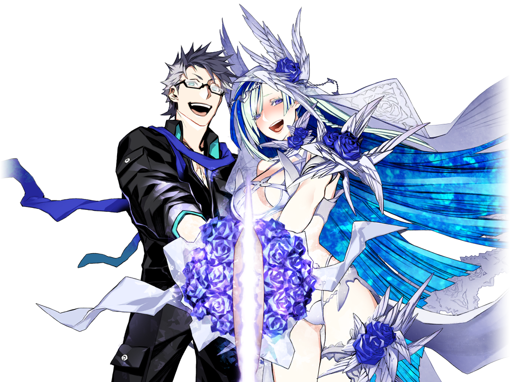 1boy 1girl aqua_hair bikini black_shirt blue_eyes blue_flower blue_hair blue_rose bracer braid breasts brynhild_(fate) brynhild_(swimsuit_berserker)_(third_ascension)_(fate) collared_shirt colored_inner_hair cowboy_shot cross-laced_bikini cross-laced_clothes fate/grand_order fate_(series) flower game_cg glasses grey_hair holding holding_sword holding_weapon husband_and_wife large_breasts long_hair looking_at_viewer miwa_shirow multicolored_hair official_art open_mouth purple_eyes rose scarf shirt short_hair sigurd_(fate) sigurd_(memories_with_my_lover)_(fate) smile swimsuit sword thigh_strap third-party_source transparent_background two-tone_hair veil weapon white_bikini white_veil wing_ornament
