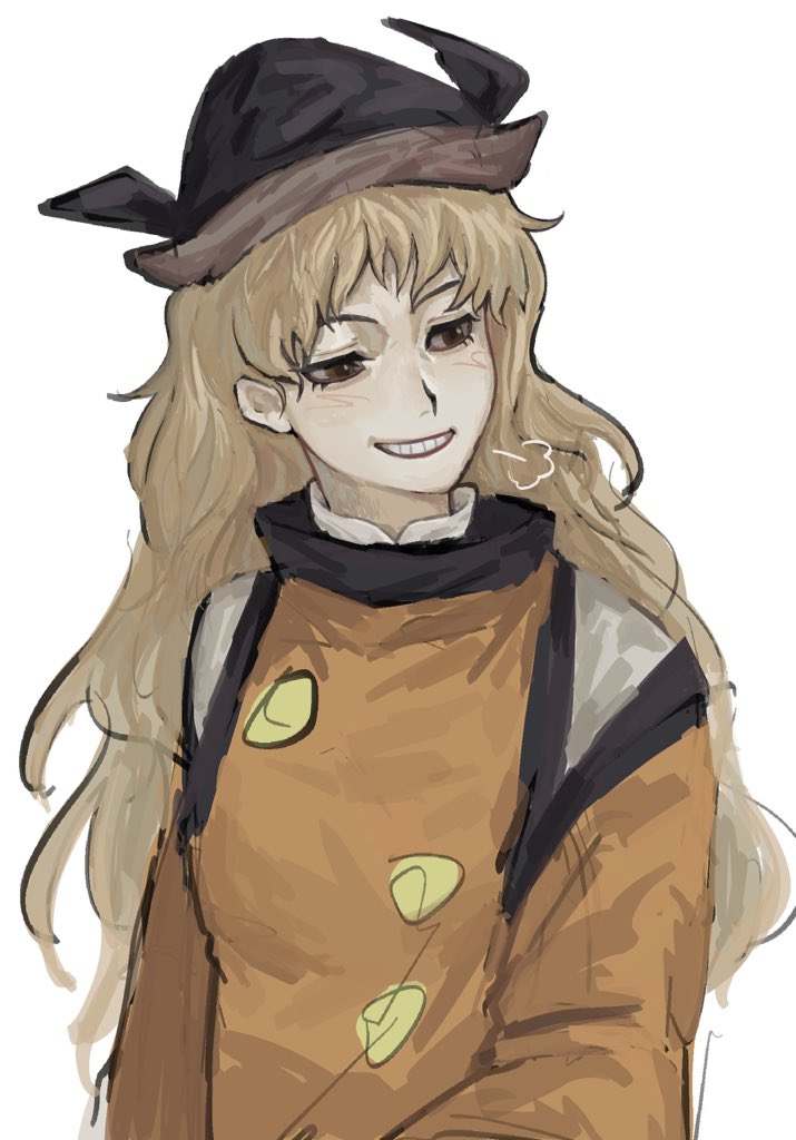 1girl black_hat blonde_hair blush boru34 brown_eyes clenched_teeth grin hat light_blush long_hair matara_okina parted_lips puff_of_air robe simple_background smile solo teeth touhou very_long_hair white_background yellow_robe