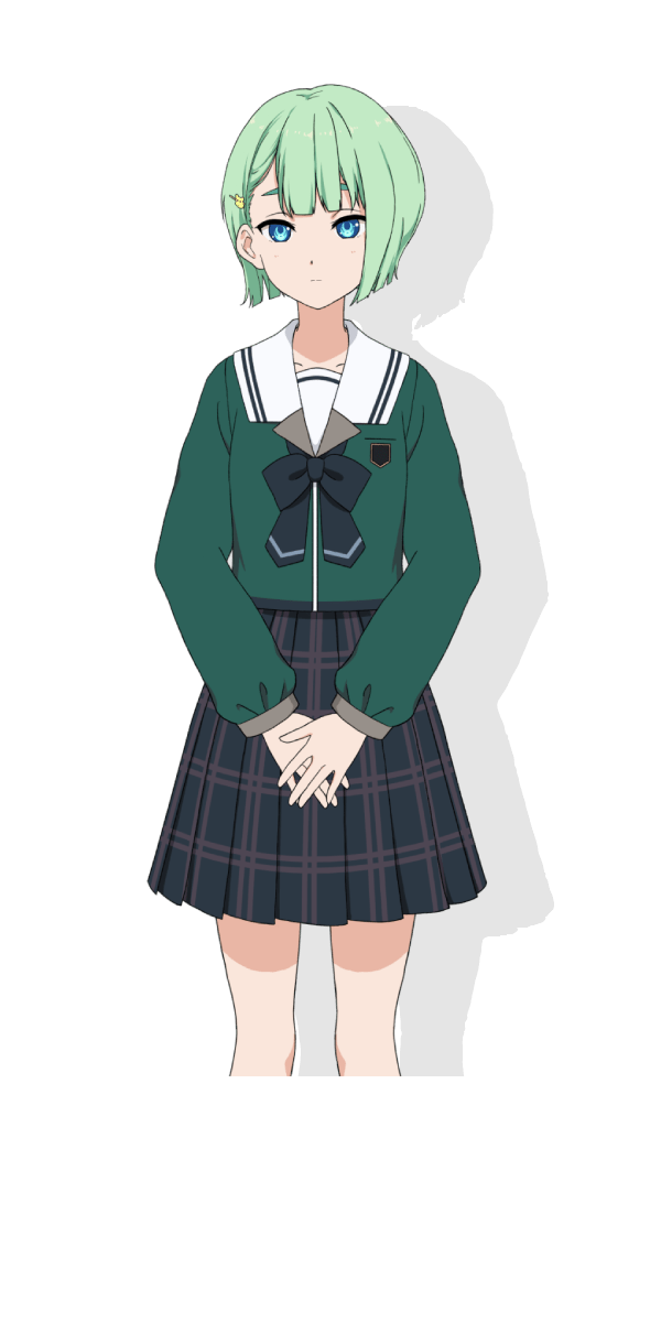 1girl 22/7 22/7_ongaku_no_jikan black_bow black_bowtie black_skirt blue_eyes bow bowtie closed_mouth cropped_legs drop_shadow green_hair green_shirt hair_ornament hairclip highres kimijima_nana long_sleeves official_art own_hands_together plaid_clothes plaid_skirt pleated_skirt rokubanchou_school_uniform sailor_collar school_emblem school_uniform serafuku shirt short_hair skirt solo standing straight-on tachi-e transparent_background white_sailor_collar winter_uniform
