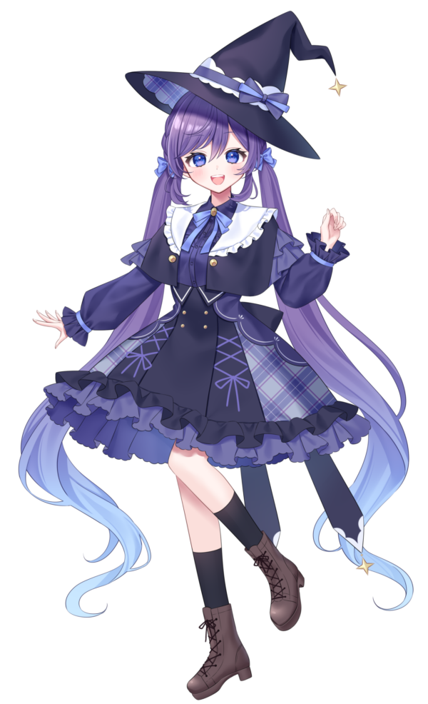 1girl :d black_hat black_socks blue_hair blush bond_en bondlive bow brown_shoes dress frilled_dress frills full_body gradient_hair hair_between_eyes hair_bow hat hibiscus_black long_hair long_sleeves looking_at_viewer multicolored_hair official_art open_mouth puffy_long_sleeves puffy_sleeves purple_bow purple_dress purple_eyes purple_hair shoes simple_background smile socks solo teeth tongue transparent_background twintails upper_teeth_only very_long_hair virtual_youtuber witch_hat