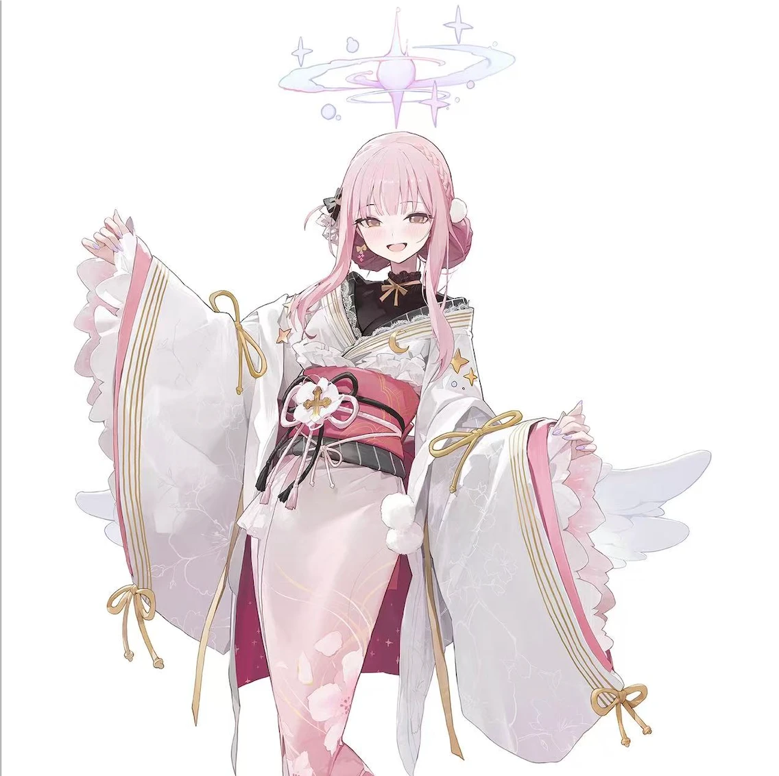 1girl :d alternate_costume alternate_hairstyle angel angel_wings arrow_cross black_bow black_undershirt blue_archive blue_halo blunt_bangs bow bow_earrings breasts cherry_blossom_print chinese_commentary cleavage commentary_request cross double_bun earrings feet_out_of_frame floral_print floral_print_kimono frilled_kimono frilled_sleeves frills furisode gradient_clothes gradient_halo gradient_kimono hair_bow hair_bun hair_ornament hair_up half_crown_braid halo hands_up japanese_clothes jewelry kimono lace lace-trimmed_kimono lace_trim long_sidelocks long_sleeves low_wings making-of_available merchandise_available mika_(blue_archive) modare multicolored_halo obi obijime open_mouth pink_hair pink_kimono pink_sash pom_pom_(clothes) pom_pom_hair_ornament print_kimono purple_halo ribbon-trimmed_sleeves ribbon_trim sash shirt side_ahoge sidelocks simple_background single_earring smile solo standing turtleneck turtleneck_shirt white_background white_kimono white_wings wide_sleeves wings yellow_eyes yellow_sleeves
