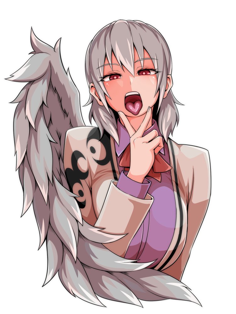 1girl angel_wings bow bowtie breasts bright_pupils cropped_torso dress eyelashes fingernails grey_hair hair_between_eyes hand_up jacket kishin_sagume kuroba_rapid large_breasts looking_at_viewer medium_hair open_mouth purple_dress red_bow red_bowtie red_eyes simple_background single_wing solo teeth tongue tongue_out touhou upper_body upper_teeth_only v v_over_mouth white_background wing_collar wings
