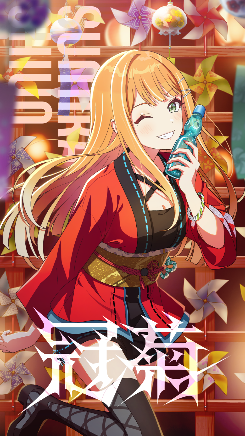 1girl black_dress blonde_hair bracelet breasts cleavage dress english_text fence gakuen_idolmaster game_cg green_eyes grin hair_ornament hairclip highres holding idolmaster japanese_text jewelry kamurogiku_(idolmaster) multicolored_hair official_art one_eye_closed one_leg_raised orange_hair pinwheel ramune red_happi sash shiun_sumika smile solo thighhighs yellow_sash