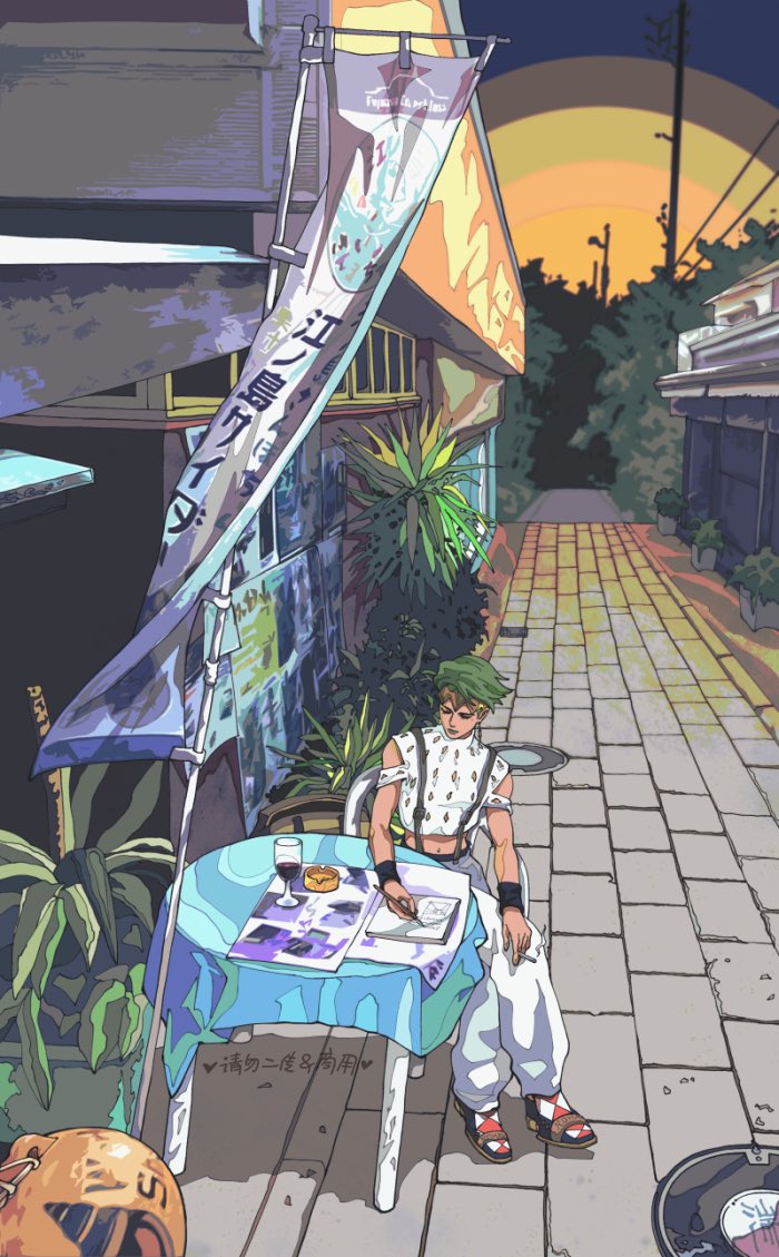 1boy diamond_wa_kudakenai drawing green_hair jojo_no_kimyou_na_bouken kilva_lollop kishibe_rohan male_focus outdoors plant sitting sleeveless solo table