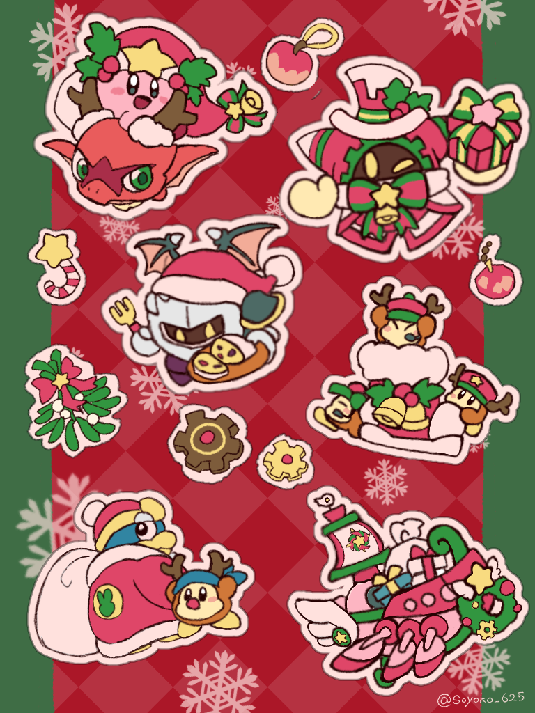 armor bandana bandana_waddle_dee bat_wings bell blue_bandana candy candy_cane christmas dragon fake_antlers fake_nose food fork gem_apple hat holding holding_fork holding_sack jingle_bell king_dedede kirby kirby&#039;s_return_to_dream_land_deluxe kirby_(series) landia lor_starcutter magolor nintendo pauldrons pom_pom_(clothes) rayman_limbs sack santa_hat shoulder_armor snowflakes soyoko waddle_dee wings yellow_eyes