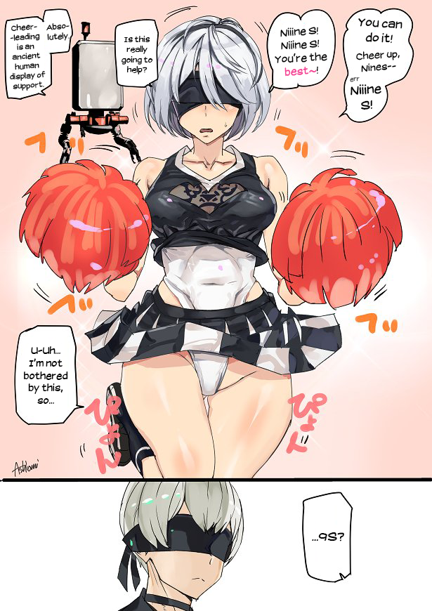 1boy 1girl 2koma adapted_costume android ashiomi_masato black_blindfold black_skirt blindfold blush breasts cheering cheerleader choker comic covered_eyes covered_navel drone english_text expressionless hard-translated jumping leotard leotard_under_clothes medium_breasts nier_(series) nier:automata pom_pom_(cheerleading) silver_hair skirt speech_bubble sweatdrop text_focus thigh_gap third-party_edit white_leotard 2b_(nier:automata) 9s_(nier:automata)