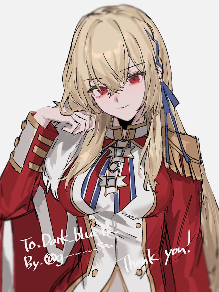 1girl aogisa azur_lane blonde_hair blue_ribbon blurry breasts cape closed_mouth commentary_request commission crossed_bangs grey_background hair_between_eyes hair_flip hair_ribbon hand_in_own_hair hand_up jacket jpeg_artifacts king_george_v_(azur_lane) long_hair long_sleeves looking_at_viewer medium_breasts military_jacket military_uniform red_cape red_eyes red_jacket ribbon simple_background skeb_commission sketch smile solo thank_you twitter_username upper_body watermark