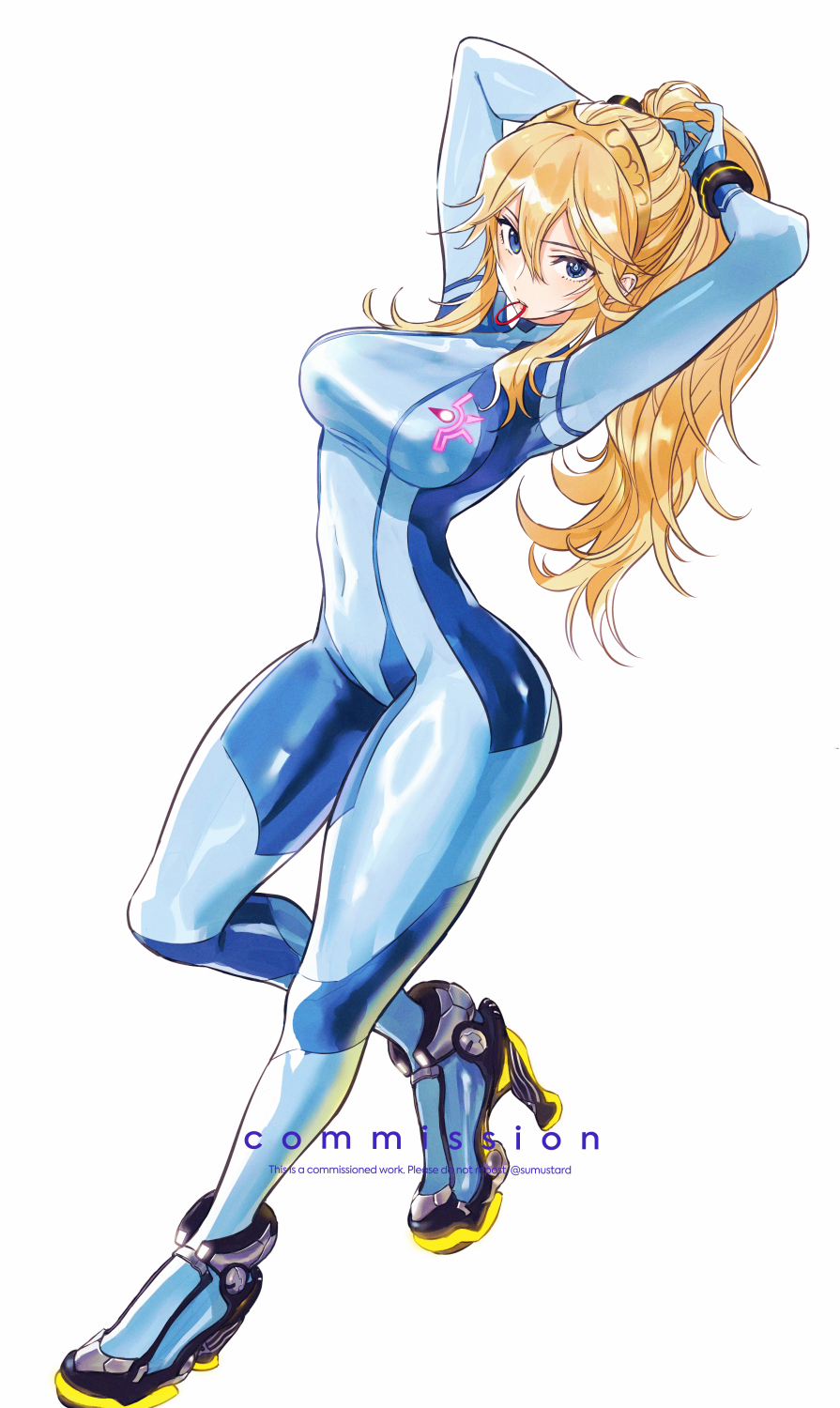 1girl artist_name blonde_hair blue_bodysuit blue_eyes bodysuit breasts commentary commission covered_navel english_commentary english_text high_heels highres long_hair metroid nintendo samus_aran simple_background solo sumustard twitter_username tying_hair white_background zero_suit
