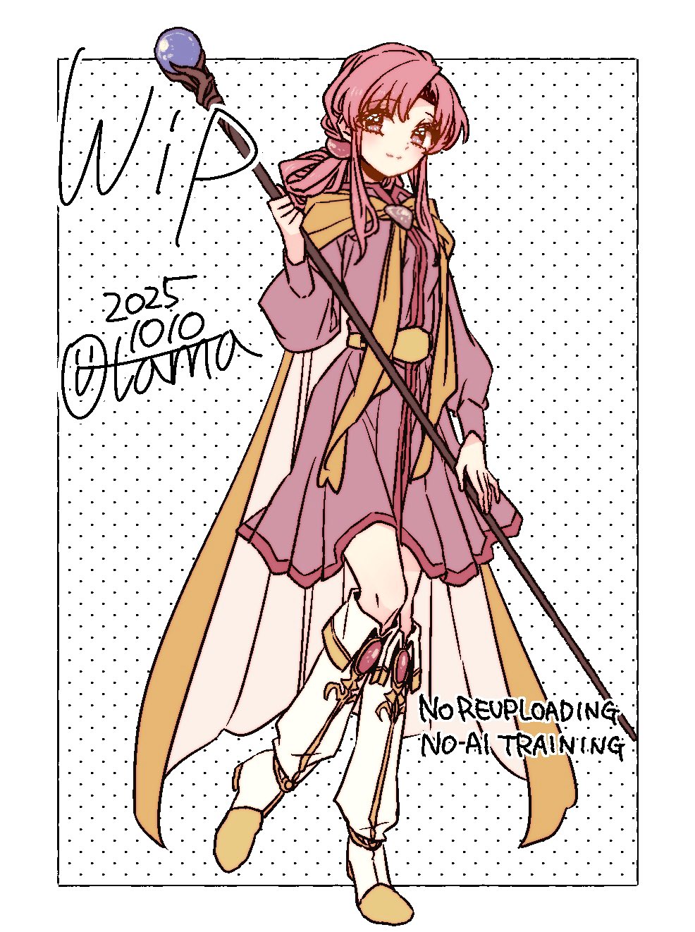 1girl boots breasts cape commentary_request dated dress ethlyn_(fire_emblem) fire_emblem fire_emblem:_genealogy_of_the_holy_war full_body highres holding inset_border knee_boots long_hair looking_at_viewer mage_staff medium_dress nintendo pink_dress pink_eyes pink_hair polka_dot polka_dot_background sayu030b sidelocks signature simple_background small_breasts smile solo staff standing standing_on_one_leg twitter_username unfinished watermark white_background white_boots yellow_cape