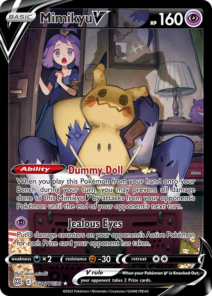 1girl :o acerola_(pokemon) artist_name card_(medium) chair character_name company_name copyright_name copyright_notice creatures_(company) dress english_text food game_freak gen_1_pokemon gen_7_pokemon gengar gold_armlet indoors lamp light_switch medium_hair mimikyu nintendo official_art open_door open_mouth picture_frame pokemon pokemon_(creature) pokemon_card pokemon_sm pokemon_tcg popcorn purple_eyes purple_hair saino_misaki short_sleeves stuffed_toy television third-party_source trading_card watching_television
