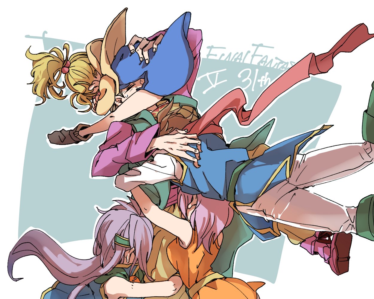 2boys 3girls arms_around_neck arms_around_waist bare_shoulders bartz_klauser belt blonde_hair blue_dress blue_tunic boots breasts brown_footwear brown_hair closed_eyes dress faris_scherwiz feet_out_of_frame final_fantasy final_fantasy_v full_body galuf_halm_baldesion grandfather_and_granddaughter green_belt green_footwear green_headband grey_hair group_hug hair_bobbles hair_ornament headband hug jacket krile_mayer_baldesion_(ff5) lenna_charlotte_tycoon long_hair long_sleeves medium_breasts medium_hair multiple_boys multiple_girls orange_tunic oshibainoticket pants pink_hair ponytail purple_hair purple_shirt red_footwear shirt short_hair sweatdrop tunic upper_body wavy_hair white_pants white_shirt yellow_belt yellow_jacket