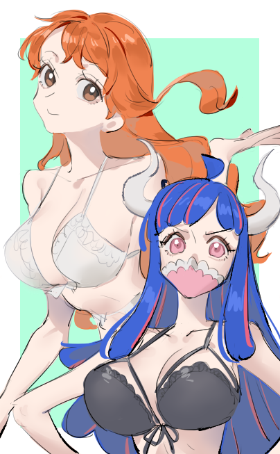 2girls alternate_costume bare_shoulders bikini black_bikini blue_hair border breasts brown_eyes cleavage closed_mouth collarbone commentary front-tie_bikini_top front-tie_top halterneck hashtag-only_commentary large_breasts long_hair looking_at_viewer mask mouth_mask multiple_girls nami_(one_piece) one_piece orange_hair outside_border pink_eyes raine_(acke2445) smile swimsuit symbol-only_commentary ulti_(one_piece) upper_body wavy_hair white_bikini white_border