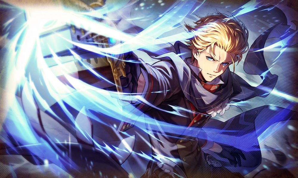 1boy aiming aiming_at_viewer blonde_hair blue_background blue_eyes closed_mouth edgar_(ta_ga_tame_no_alchemist) floating_scarf gun holding holding_gun holding_weapon male_focus official_art scarf second-party_source shirt solo ta_ga_tame_no_alchemist upper_body weapon