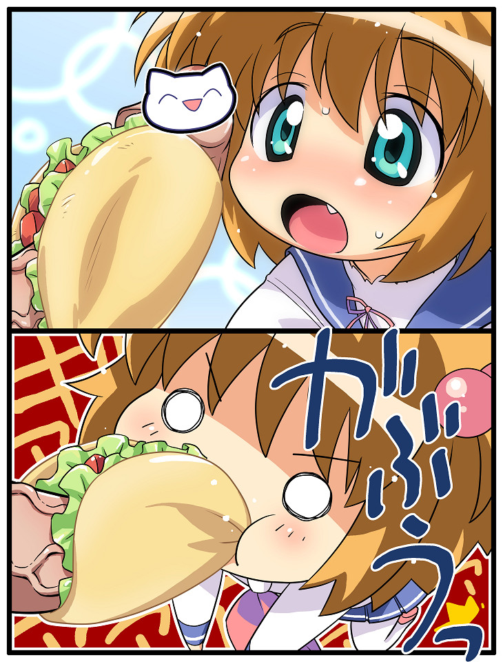 00s 1girl bad_id biting blue_eyes blush brown_hair censored comic failure fang hair_bobbles hair_ornament hiro_hiroki kataoka_yuuki novelty_censor o_o open_mouth pain penis biting_penis penis_hot_dog saki_(manga) school_uniform serafuku short_hair taco thighhighs translation_request veins veiny_penis white_thighhighs