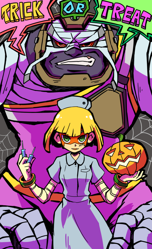 1boy 1girl alternate_costume arms_(game) bandages blonde_hair blunt_bangs bracelet domino_mask green_eyes grey_background halloween halloween_costume hat hitohito jack-o&#039;-lantern jewelry looking_at_viewer mask master_mummy_(arms) min_min_(arms) mummy nintendo nurse nurse_cap open_mouth short_hair smile syringe trick_or_treat