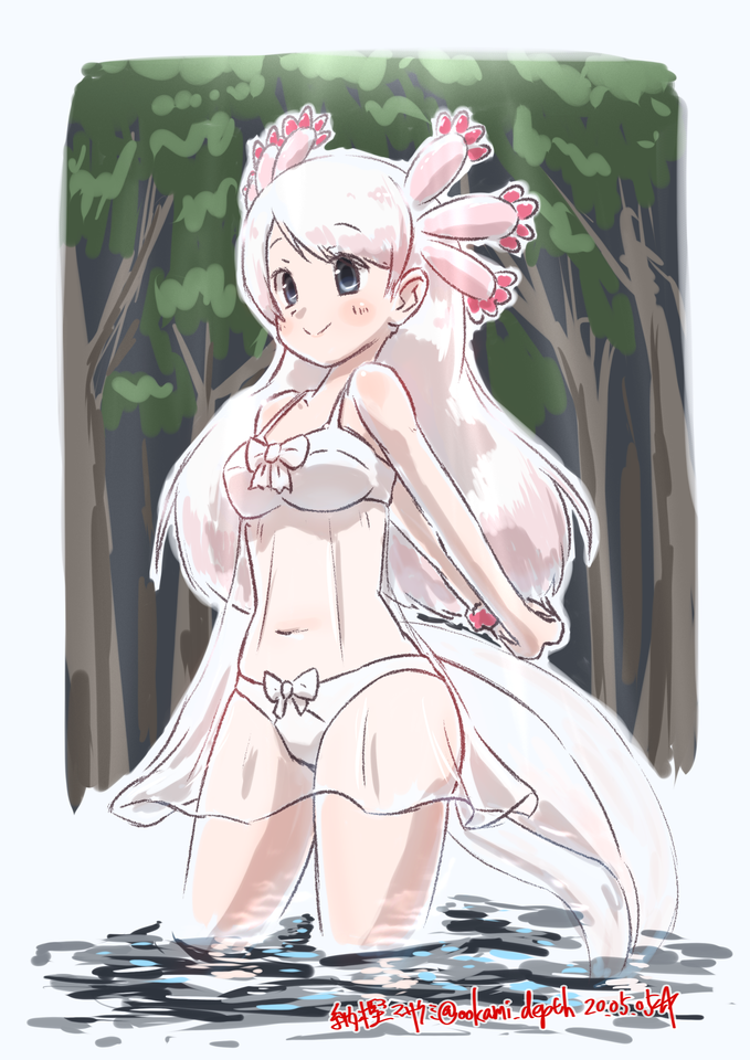 1girl arms_behind_back bare_shoulders black_eyes bow bow_panties dated day kemono_friends lingerie long_hair looking_at_viewer mexico_salamander_(kemono_friends) nakashi_masakumi navel negligee outdoors panties pink_scrunchie salamander_tail scrunchie see-through_clothes smile solo tail tree twitter_username underwear wading water white_bow white_hair white_panties wrist_scrunchie