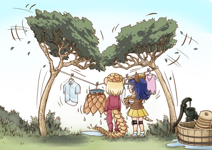 2girls animal_ears armadillo_ears armadillo_tail armor blonde_hair blue_hair chibi clothes clothesline commentary_request day dripping drying drying_clothes elbow_pads facing_away from_behind full_body giant_armadillo_(kemono_friends) giant_pangolin_(kemono_friends) grass hanging hat jacket kemono_friends knee_pads laundry laundry_basket long_hair medium_hair miniskirt multiple_girls outdoors ozora_tetsu pangolin_ears pangolin_tail pants pleated_skirt shirt shoes short_sleeves shoulder_armor skirt standing sweater_vest tail track_jacket track_pants track_suit tree water wet wet_clothes