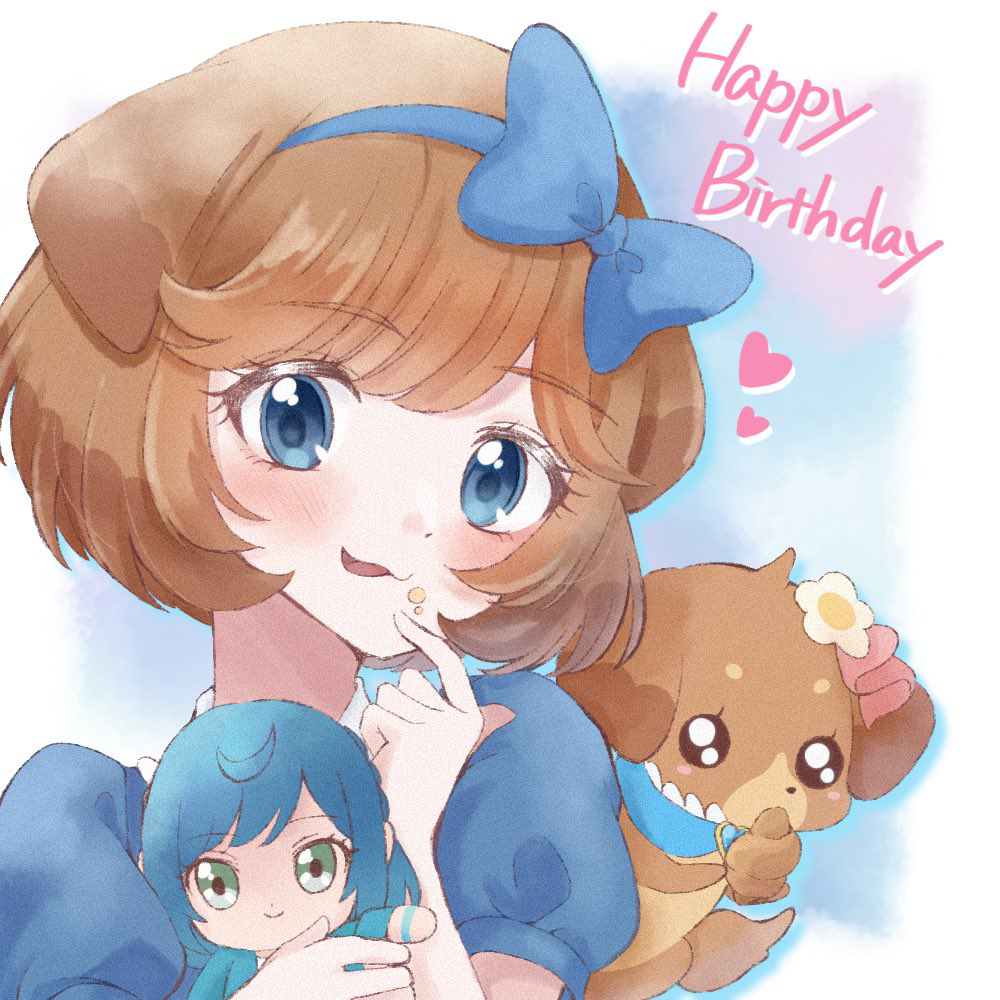 1girl animal_ears blue_dress blue_eyes blue_hairband blush brown_hair character_doll delicious_party_precure dog dog_ears doll dress fuwa_kokone hairband happy_birthday holding holding_doll open_mouth pam-pam pam-pam_(human) precure puffy_short_sleeves puffy_sleeves shigen_pr short_hair short_sleeves solo upper_body