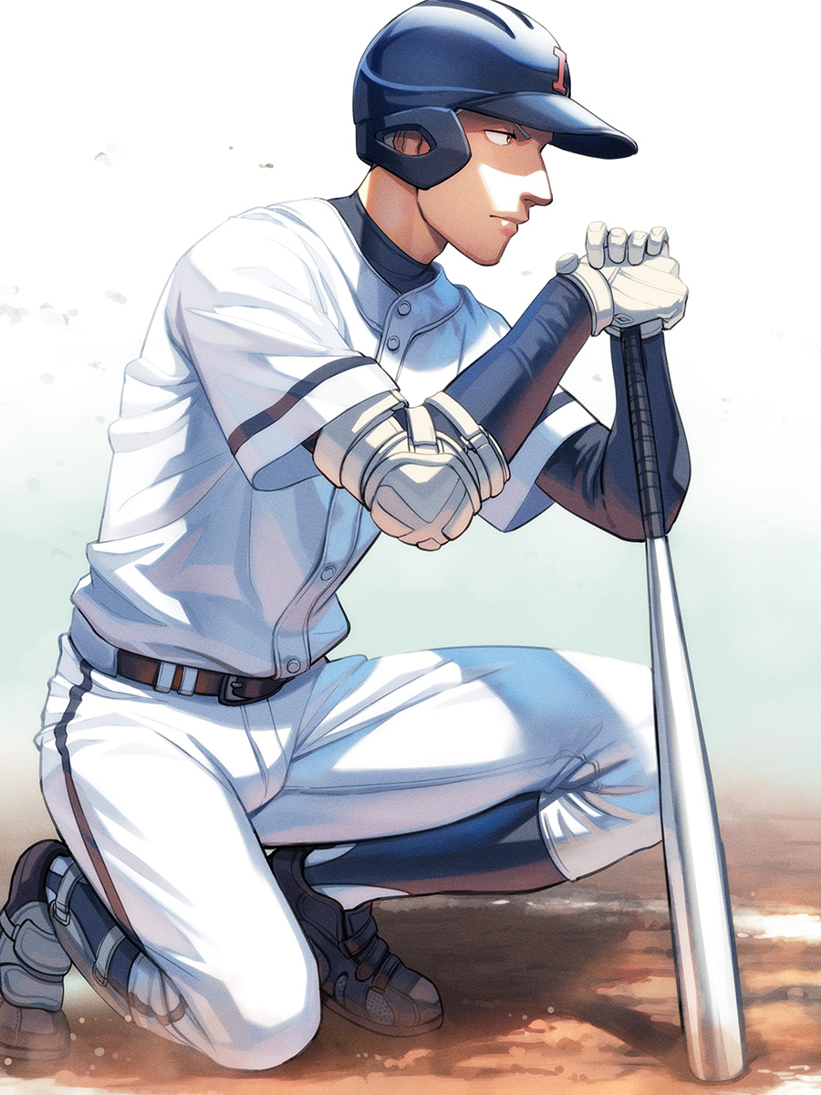 1boy baseball baseball_bat baseball_field baseball_helmet baseball_uniform belt belt_buckle black_belt black_footwear black_socks blue_undershirt buckle buttons closed_mouth compression_shirt elbow_pads from_side full_body helmet highres holding holding_baseball_bat kneehighs looking_ahead male_focus metal_baseball_bat original outdoors pants shirt shirt_under_shirt single_elbow_pad socks sportswear tettabuzz white_pants white_shirt
