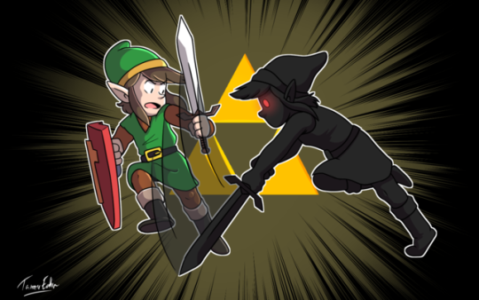 2boys battle black_hair brown_hair clone dual_persona elf glowing hat jumping link magical_sword multiple_boys nintendo open_mouth pointy_ears red_eyes shadow_link shield surprised sword the_legend_of_zelda triforce weapon zelda_ii:_the_adventure_of_link