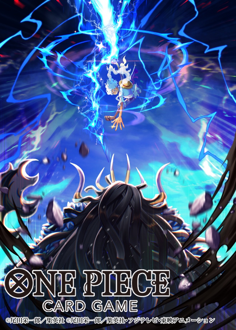 2boys alternate_form attack back bashikou black_hair commentary_request copyright_name debris electricity gear_fifth hat horns kaidou_(one_piece) monkey_d._luffy multiple_boys official_art one_piece one_piece_card_game sandals shirt shorts smile straw_hat white_hair white_shirt white_shorts