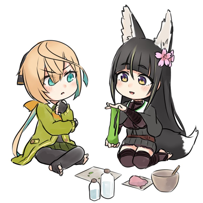 2girls animal_ear_fluff animal_ears aqua_eyes aqua_hair black_cape black_dress blonde_hair blunt_bangs bottle cape cardigan commentary dress fingerless_gloves fox_ears fox_tail gloves green_cardigan green_skirt hands_up inaba_gou indian_style kitsunegasaki_tametsugu_(tenka_hyakken) kurofuti looking_at_object low_ponytail mortar_(bowl) multicolored_hair multiple_girls open_mouth paper pestle ponytail powder seiza sidelocks sitting skirt slime_(substance) smile tail tenka_hyakken toeless_legwear two-tone_hair yellow_eyes