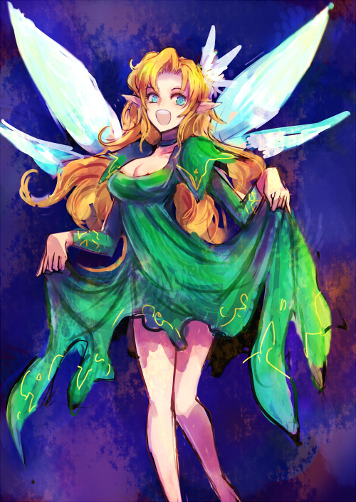 1girl blonde_hair blue_eyes breasts cleavage commentary_request dress fairy_wings female_focus flower green_dress hair_flower hair_ornament kara_(color) long_hair megami_tensei pointy_ears shin_megami_tensei solo titania_(megami_tensei) wings
