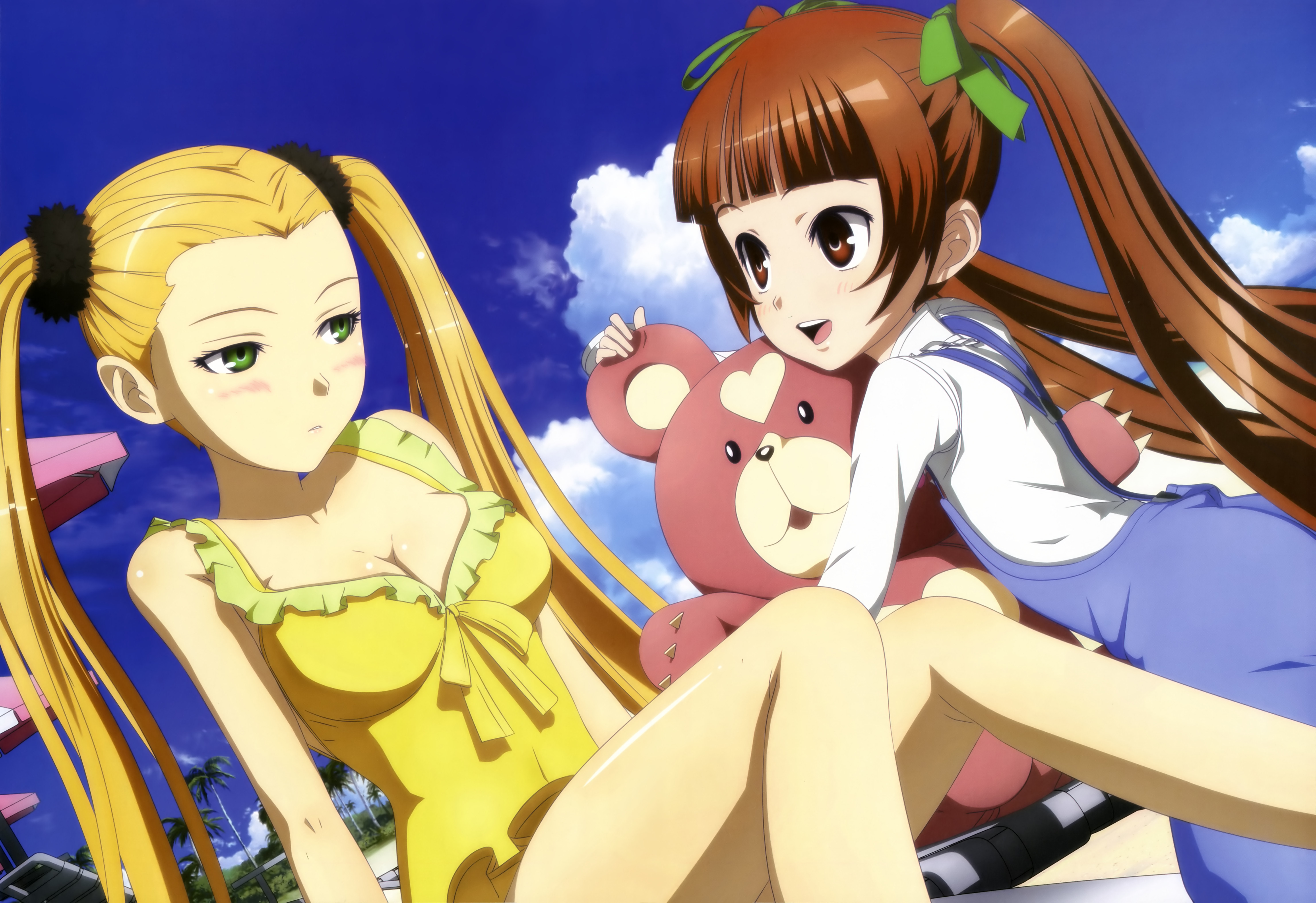 10s 2girls absurdres aoki_hagane_no_arpeggio beach bikini blonde_hair blush breasts brown_eyes brown_hair cleavage cloud day green_eyes haruna_(aoki_hagane_no_arpeggio) highres kirishima_(aoki_hagane_no_arpeggio) legs long_hair medium_breasts multiple_girls non-web_source nyantype official_art open_mouth osakabe_makie outdoors pout sky stuffed_animal stuffed_toy swimsuit teddy_bear twintails uetaka_masanori very_long_hair yotarou_(aoki_hagane_no_arpeggio)