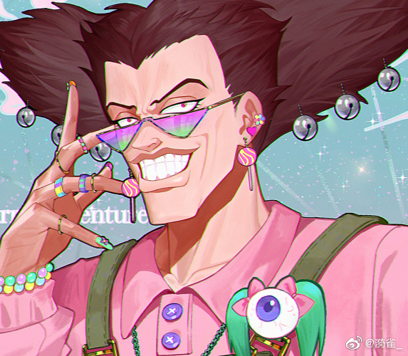 1boy adjusting_eyewear alessi bell big_hair blue_background brown_hair buttons chain chain_necklace chinese_commentary collarbone collared_shirt commentary_request earrings extra_eyes eye_brooch eyelashes fass_(weibo_7305677554) flower_earrings gold_ring gradient-tinted_eyewear green-tinted_eyewear green_nails grin hair_bell hair_ornament hand_on_eyewear heart heart_earrings jewelry jojo_no_kimyou_na_bouken light_particles lips long_hair long_sleeves male_focus multicolored_nails multiple_rings nail_art necklace orange_nails pink_nails pink_shirt purple-tinted_eyewear red_eyes ring shirt smile solo sparkle sphere_earrings sunglasses suspenders thick_eyebrows tinted_eyewear triangular_eyewear updo upper_body watermark weibo_watermark wrinkled_skin yellow-framed_eyewear