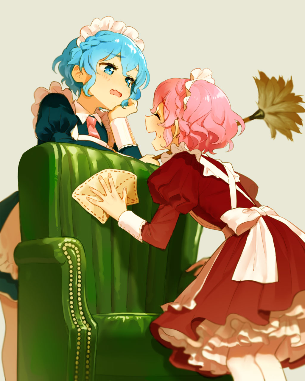 1boy 1girl apron armchair blue_dress blue_eyes blue_hair braid brother_and_sister brown_dress chair cleaning closed_eyes cowboy_shot crossdressing curly_hair dorothy_west dress cleaning_rag duster facing_another fang feather_duster frilled_apron frills grey_background hair_between_eyes highres holding holding_dustcloth holding_duster juliet_sleeves leaning_forward leaning_on_object long_sleeves looking_at_another maid maid_headdress mole mole_under_eye open_mouth oshiri_(o4ritarou) pink_hair pretty_series pripara puffy_sleeves reona_west short_hair siblings side_braid simple_background skin_fang smile standing sweatdrop trap twins white_apron