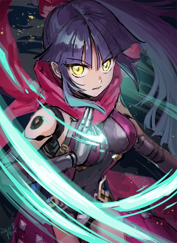 1girl black_background breasts covered_navel dated fate/grand_order fate_(series) fon-due_(fonfon) katou_danzou_(fate) kuji-in large_breasts long_hair looking_at_viewer magic mechanical_arms ninja parted_lips ponytail purple_hair red_scarf scarf shoulder_tattoo signature solo tattoo very_long_hair yellow_eyes