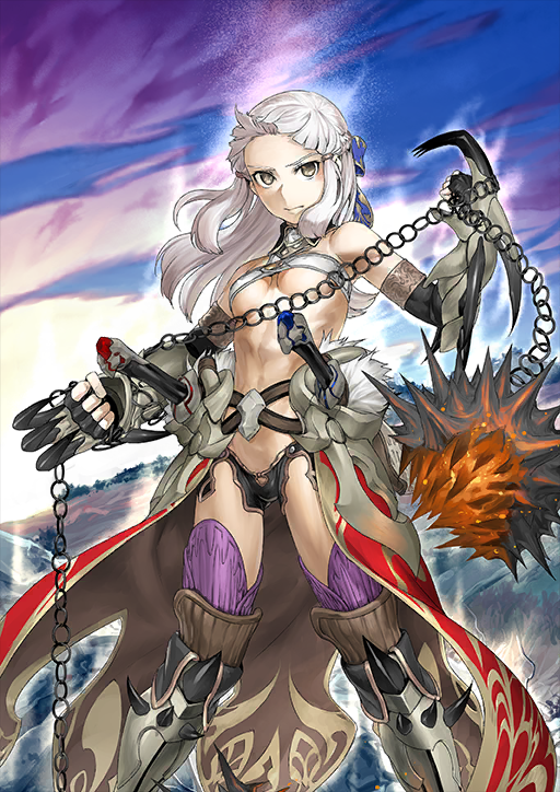 1girl armored_boots armored_gloves aura ball_and_chain_(weapon) bandeau bare_shoulders belt black_gloves black_shorts blue_ribbon blunt_bangs boots braid breasts breasts_apart brown_belt brown_eyes cape chain clawed_gauntlets clenched_hands closed_mouth crop_top elbow_gloves embers expressionless fate/grand_order fate_(series) feet_out_of_frame fingerless_gloves fur-trimmed_waist_cape fur_trim gloves glowing glowing_weapon goddess_of_war_(fate) groin hair_ribbon hair_tie holding holding_chain holding_weapon legs_apart long_hair looking_at_viewer medium_breasts micro_shorts official_art penthesilea_(fate) purple_thighhighs red_cape ribbon sheath sheathed shinjirou shorts sidelocks sleeveless solo spiked_ball_and_chain spiked_boots spiked_gauntlets spikes standing stomach sword thighhighs third-party_source underboob variant_set waist_cape weapon white_bandeau white_hair