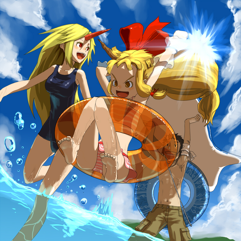 1boy 2010 2girls asakura_teppei bikini bikini_skirt black_hair blonde_hair blue_innertube blue_sky bow frilled_wrist_cuffs frills hair_bow horns hoshiguma_yuugi ibuki_suika jumping kasutank long_hair m.u.g.e.n male_swimwear multiple_girls no_shirt oni open_mouth orange_innertube original perspective red_eyes school_swimsuit short_hair single_horn sky smile striped_bikini striped_clothes sunlight swim_trunks swimsuit touhou very_long_hair water wrist_cuffs