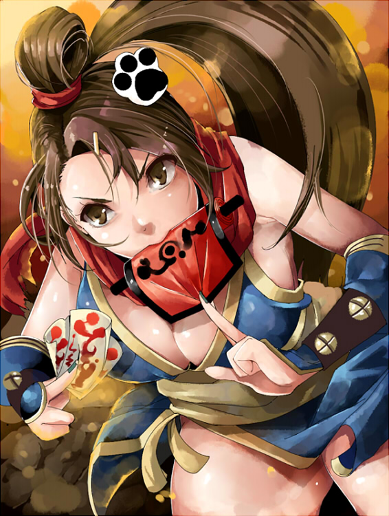 1boy between_fingers blue_dress breasts brown_eyes brown_hair cevoy cleavage commentary_request cowboy_shot dress fingernails green_nails holding index_finger_raised kuji-in large_breasts leaning_forward long_hair looking_at_viewer mouth_hold ninja ninja_(ragnarok_online) ofuda ofuda_between_fingers orange_background ragnarok_online short_dress sleeveless sleeveless_dress solo v-shaped_eyebrows vambraces