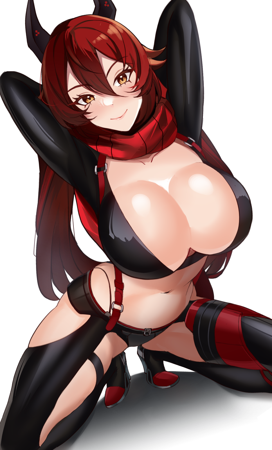 1girl bodysuit breasts cleavage goddess_of_victory:_nikke hair_between_eyes highres hip_vent horns large_breasts leather leather_pants long_hair long_sleeves looking_at_viewer mechanical_horns navel pants red_hair red_hood_(nikke) red_scarf scarf shiny_clothes skin_tight smile solo volyz yellow_eyes