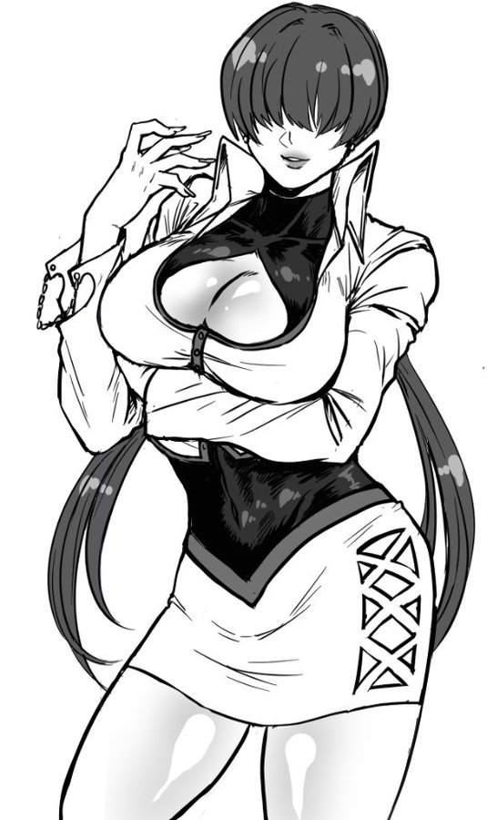 1girl 2021 arms_behind_head arms_up ass breasts claw_pose cleavage cleavage_cutout clothing_cutout coat commentary cowboy_shot curvy earrings female_focus fingernails hair_between_eyes hand_on_own_chest hasuda_kunkun jewelry large_breasts lips long_fingernails long_hair long_sleeves miniskirt monochrome navel_cutout out_of_frame panels parted_lips shermie_(kof) shiny_skin shirt side_slit simple_background skin_tight skirt snk solo split_ponytail standing stretching teeth the_king_of_fighters the_king_of_fighters_&#039;97 very_long_hair white_background