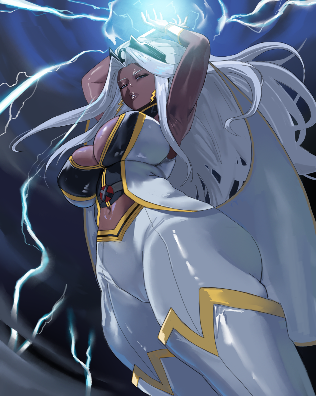 1girl animification blue_eyes breasts cleavage commentary dark-skinned_female dark_skin earrings electricity highres jewelry large_breasts lightning lightning_bolt_earrings lightning_bolt_symbol long_hair looking_at_viewer marvel marvel_tokon:_fighting_souls mugi_(mugit49) solo storm storm_(x-men) superhero_costume very_dark_skin white_hair x-men