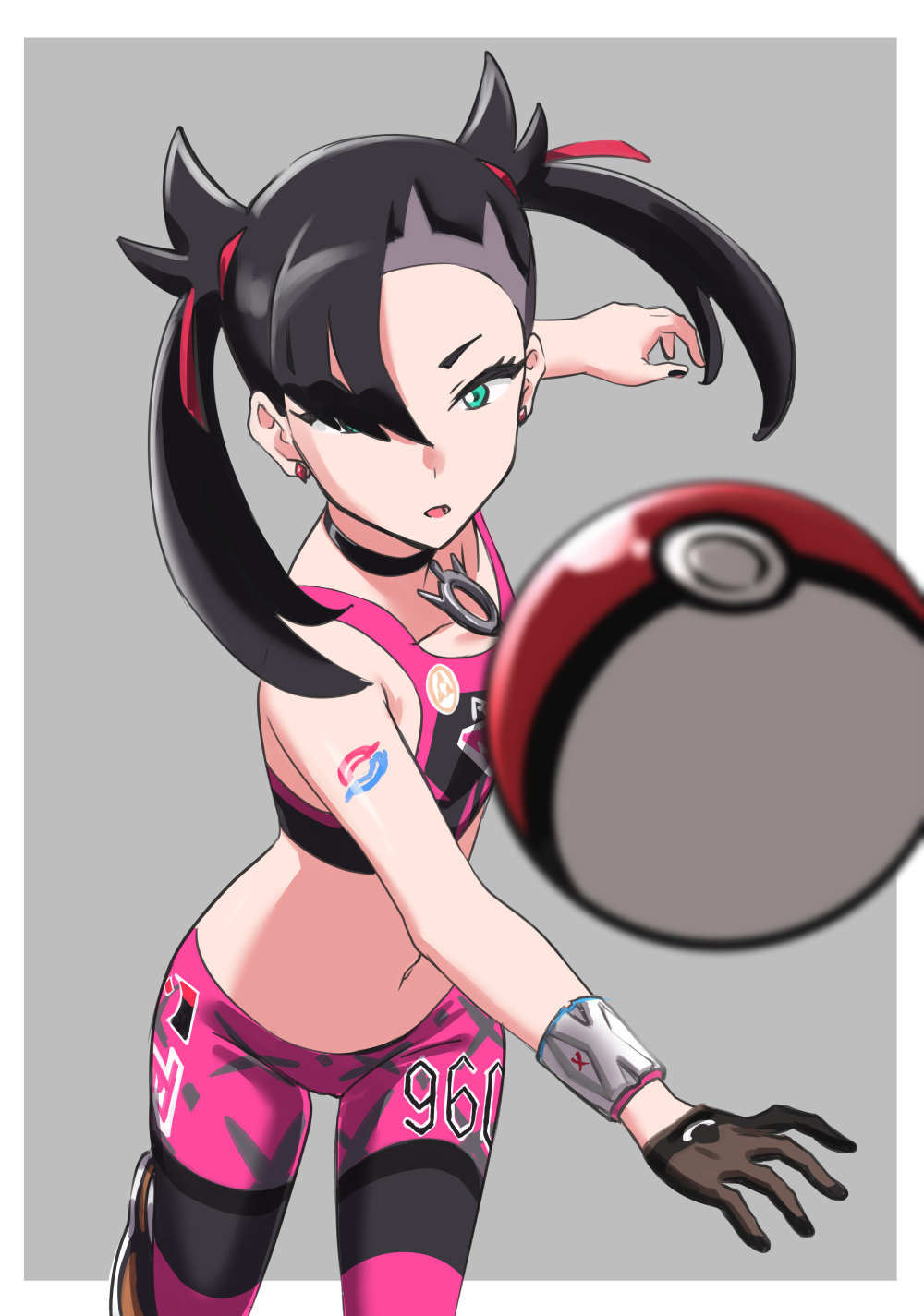 1girl asymmetrical_bangs black_choker black_gloves black_nails border choker dynamax_band earrings gloves hair_ribbon highres jewelry kurenai_iuna looking_at_viewer marnie_(pokemon) midriff navel nintendo open_mouth pants poke_ball poke_ball_(basic) pokemon pokemon_swsh ribbon single_glove solo sports_bra stomach throwing throwing_poke_ball twintails undercut white_border
