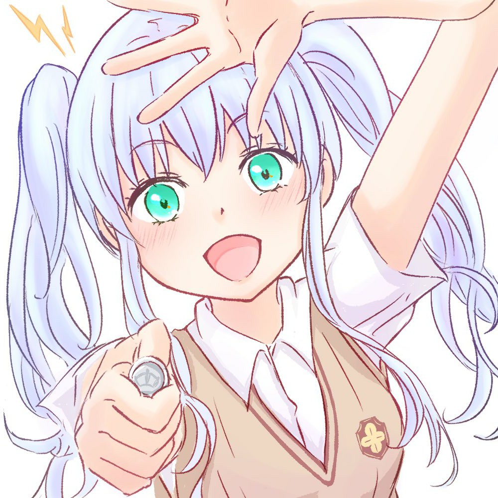 1girl aiming aiming_at_viewer alternate_hairstyle breasts brown_sweater_vest brown_vest coin collared_shirt cosplay emblem grey_hair holding holding_coin index_(toaru_majutsu_no_index) komemogoo lightning_bolt_symbol long_hair misaka_mikoto misaka_mikoto_(cosplay) pose_imitation railgun_(misaka_mikoto) school_emblem school_uniform shirt simple_background small_breasts smile solo summer_uniform sweater_vest toaru_majutsu_no_index tokiwadai_school_uniform twintails upper_body vest white_background white_shirt